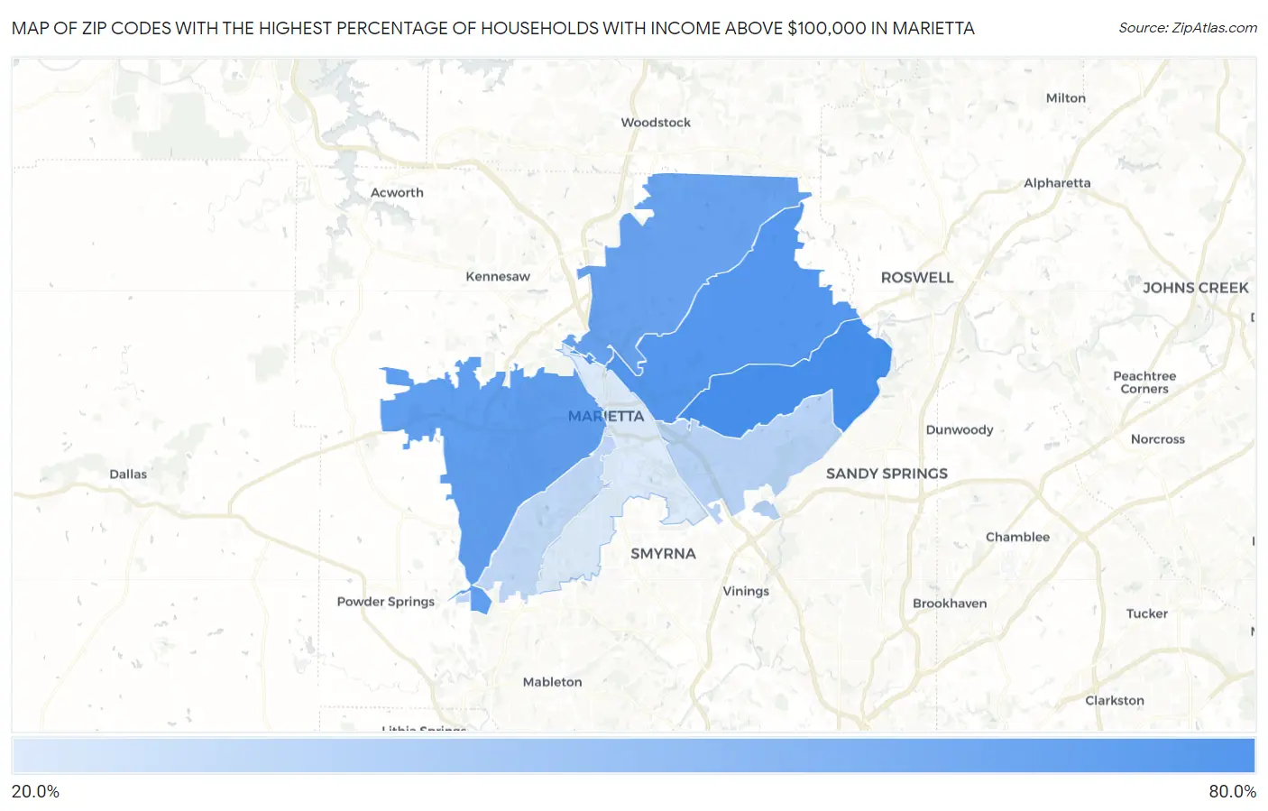 Zip Codes with the Highest Percentage of Households with Income Above $100,000 in Marietta Map