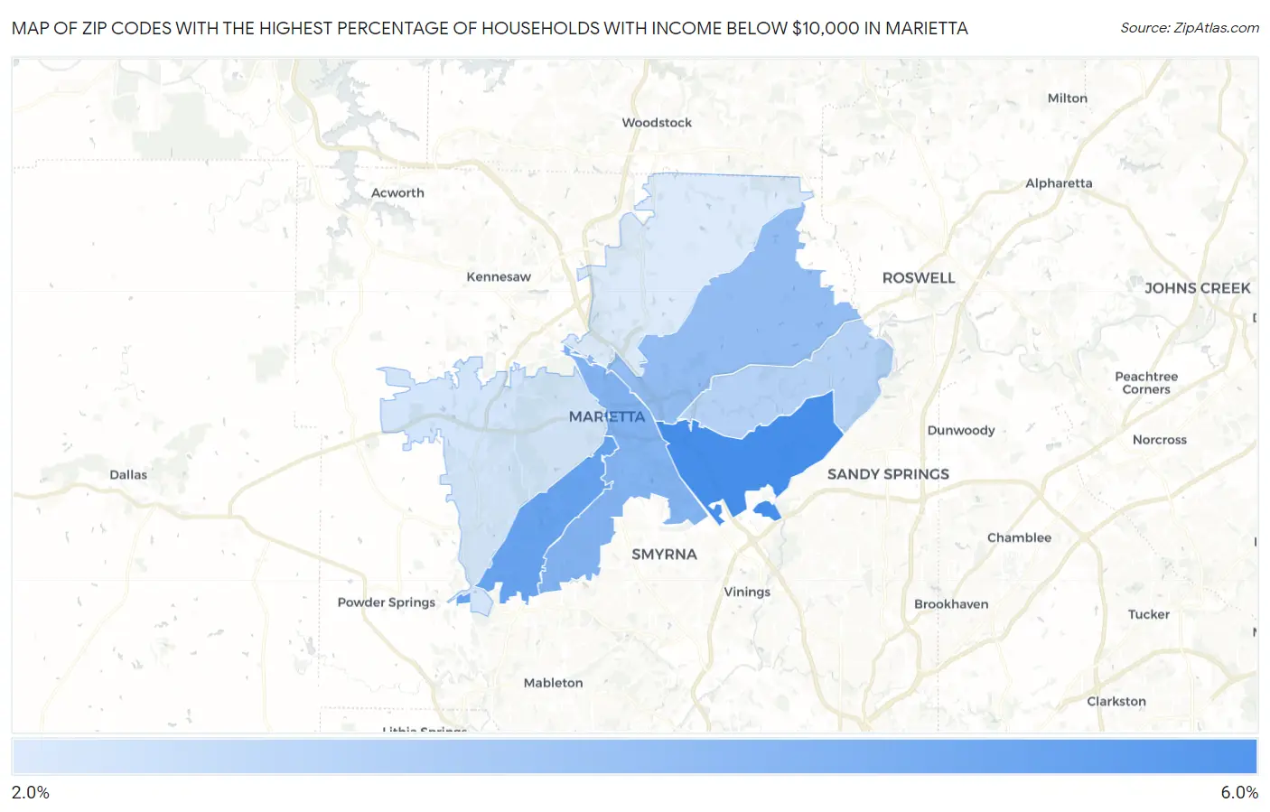 Zip Codes with the Highest Percentage of Households with Income Below $10,000 in Marietta Map