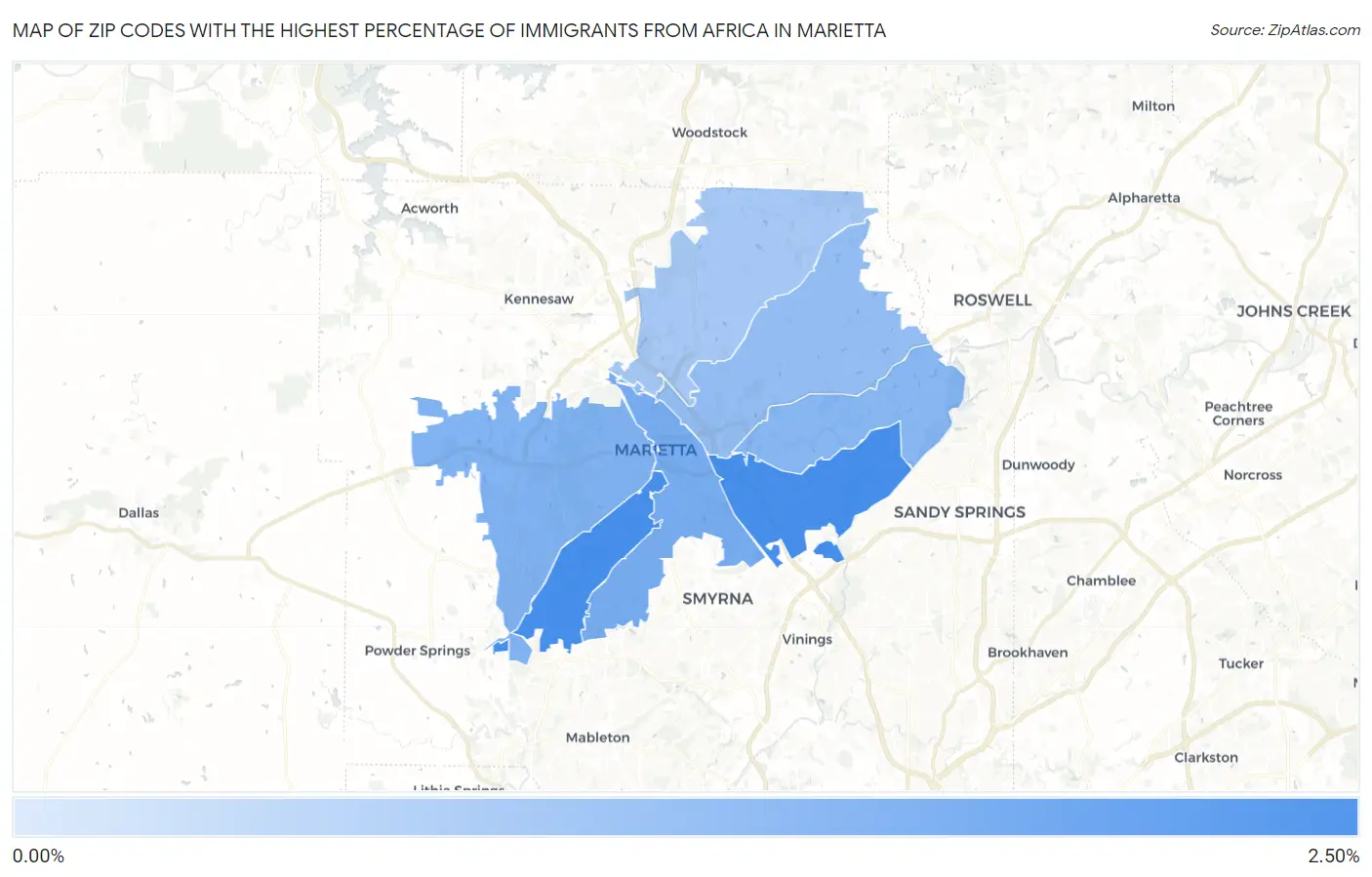 Zip Codes with the Highest Percentage of Immigrants from Africa in Marietta Map