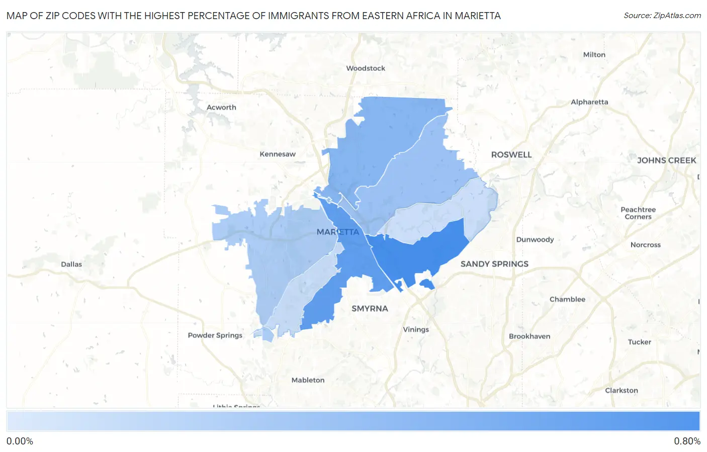 Zip Codes with the Highest Percentage of Immigrants from Eastern Africa in Marietta Map