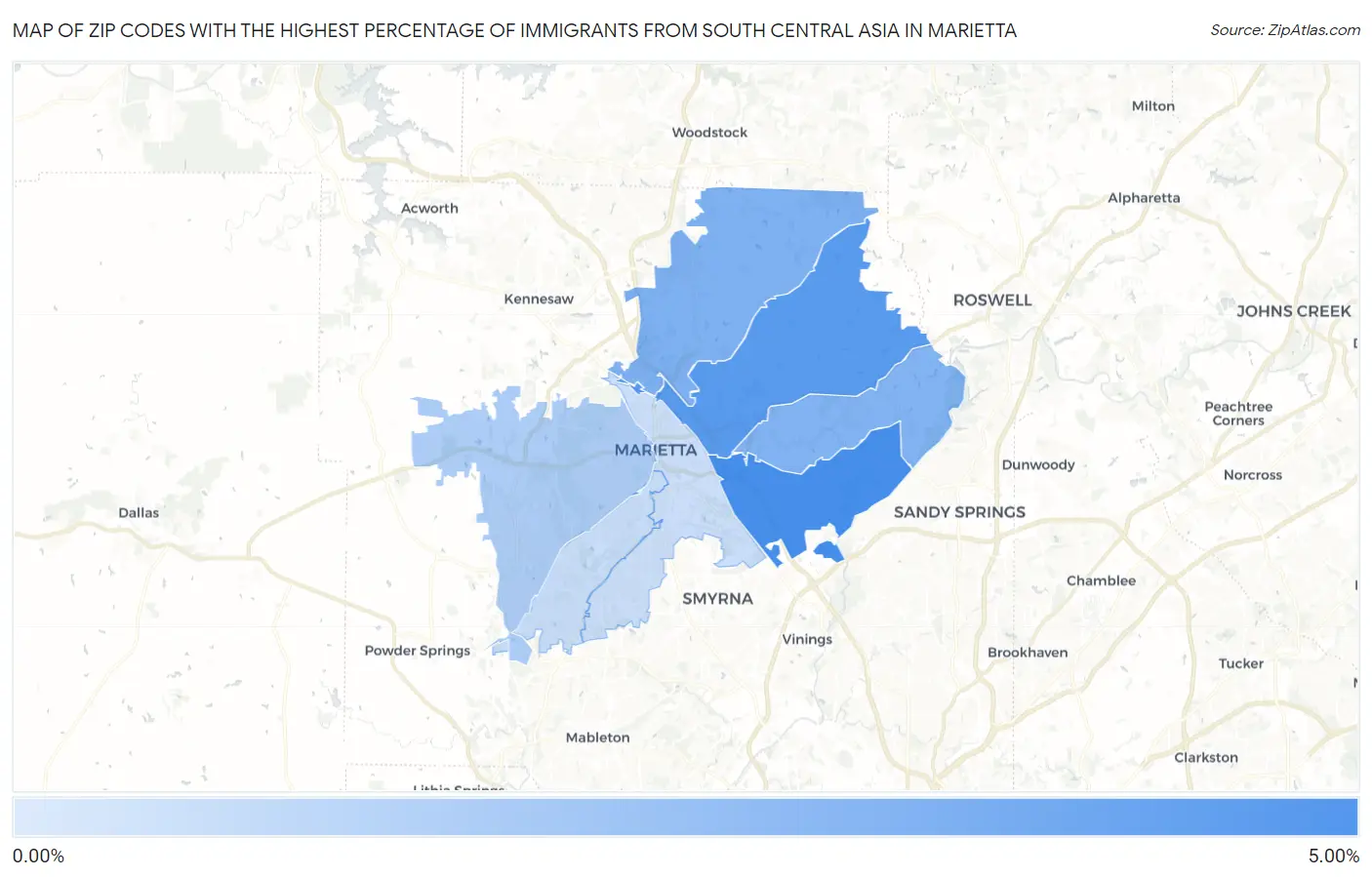 Zip Codes with the Highest Percentage of Immigrants from South Central Asia in Marietta Map
