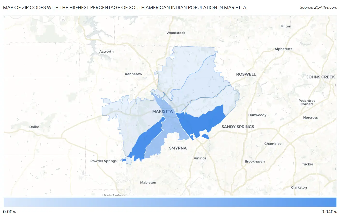 Zip Codes with the Highest Percentage of South American Indian Population in Marietta Map
