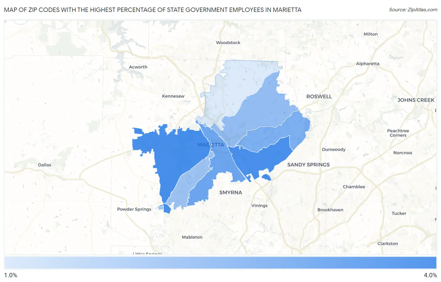 Zip Codes with the Highest Percentage of State Government Employees in Marietta Map