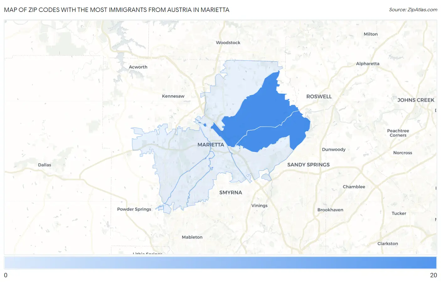 Zip Codes with the Most Immigrants from Austria in Marietta Map
