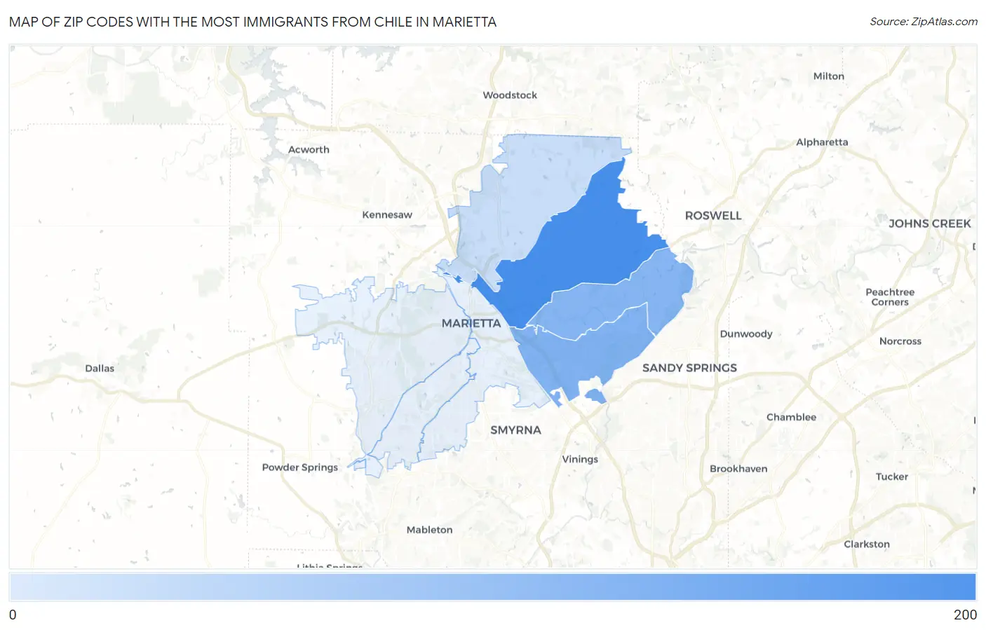 Zip Codes with the Most Immigrants from Chile in Marietta Map