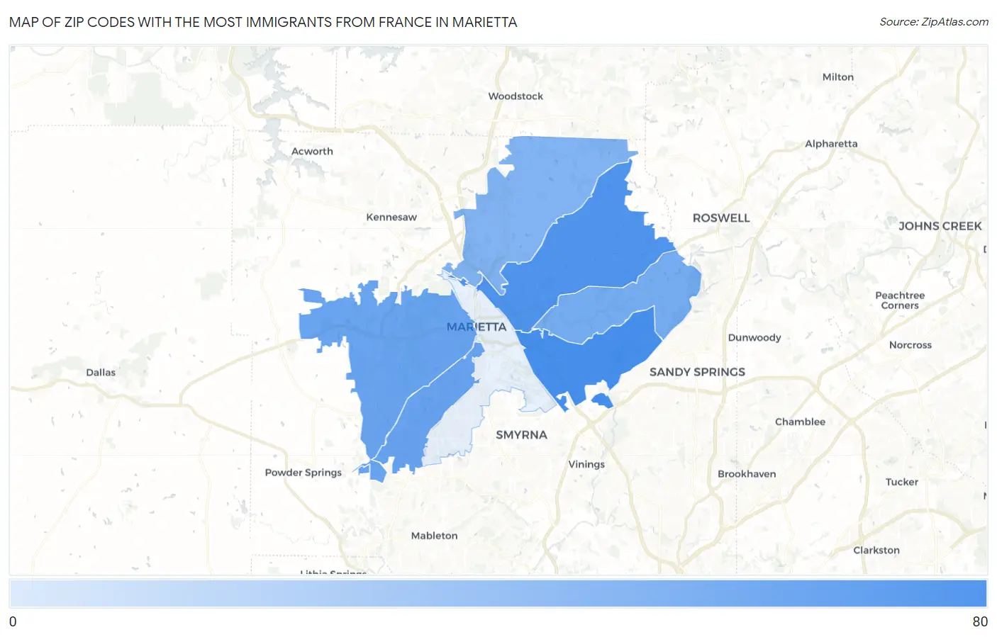 Zip Codes with the Most Immigrants from France in Marietta Map