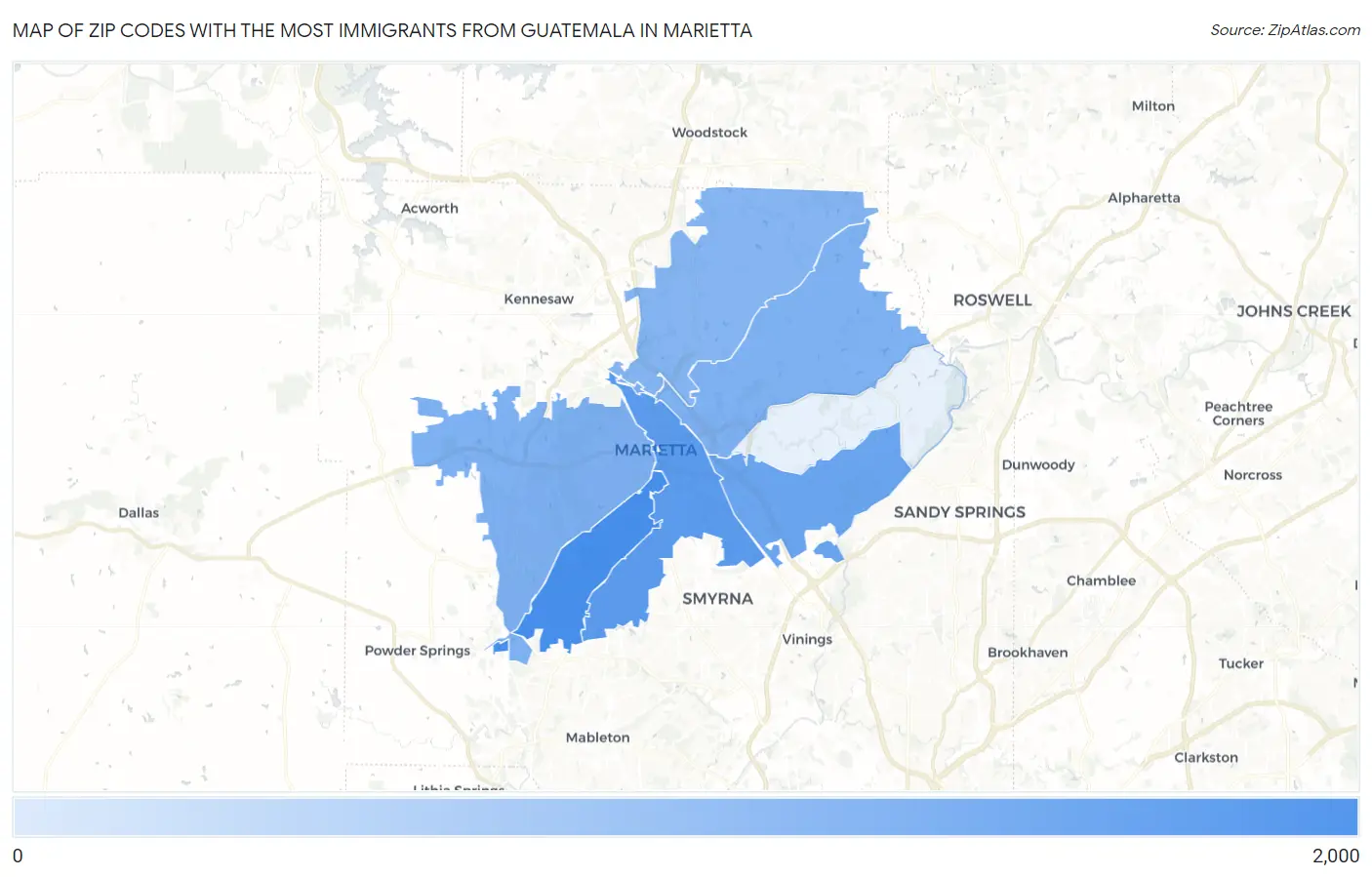 Zip Codes with the Most Immigrants from Guatemala in Marietta Map