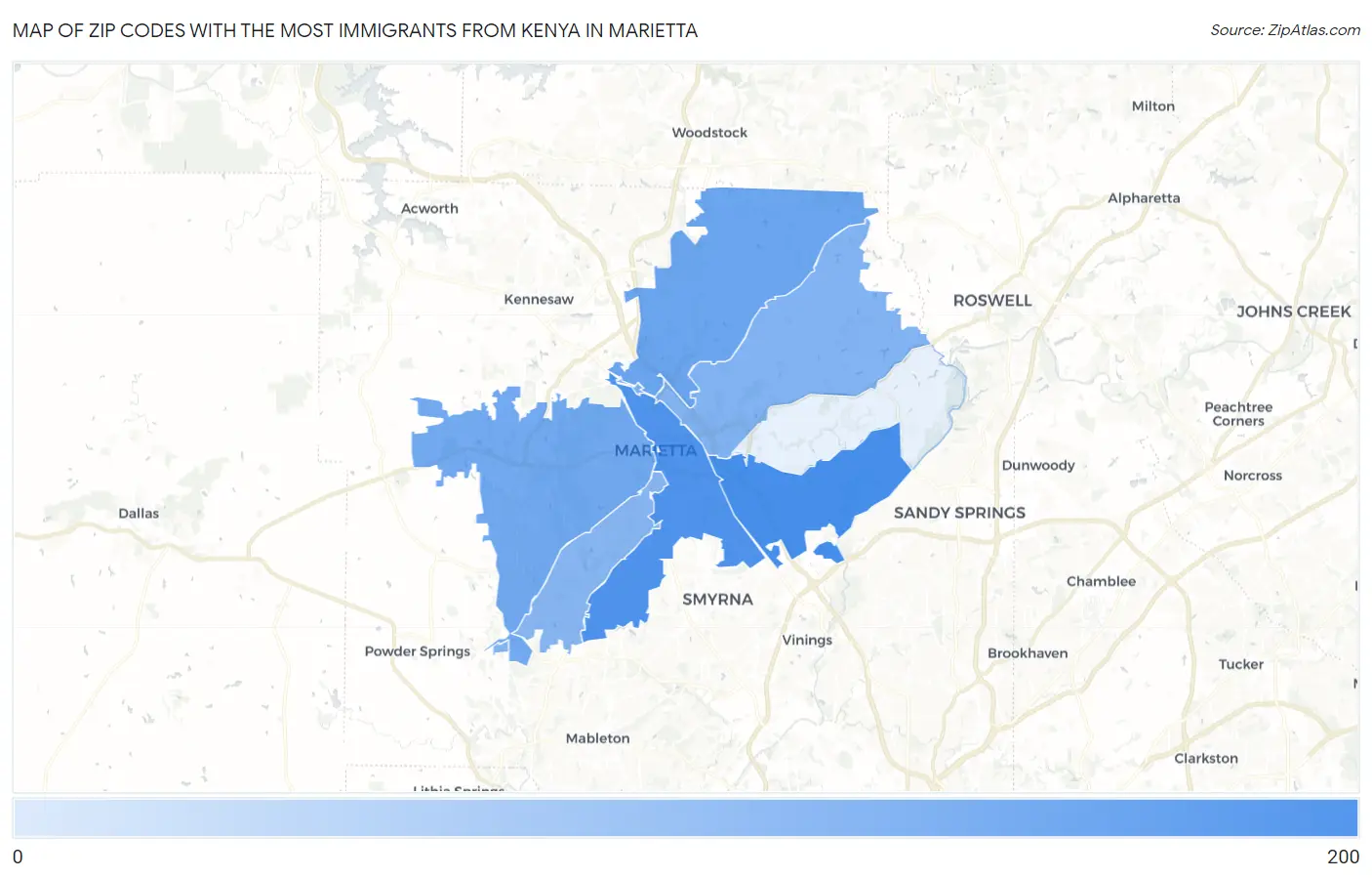 Zip Codes with the Most Immigrants from Kenya in Marietta Map