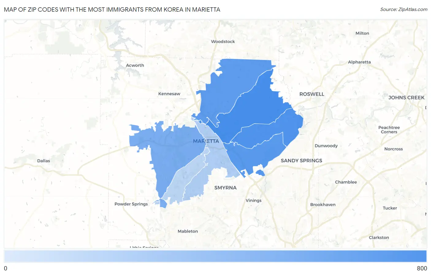 Zip Codes with the Most Immigrants from Korea in Marietta Map