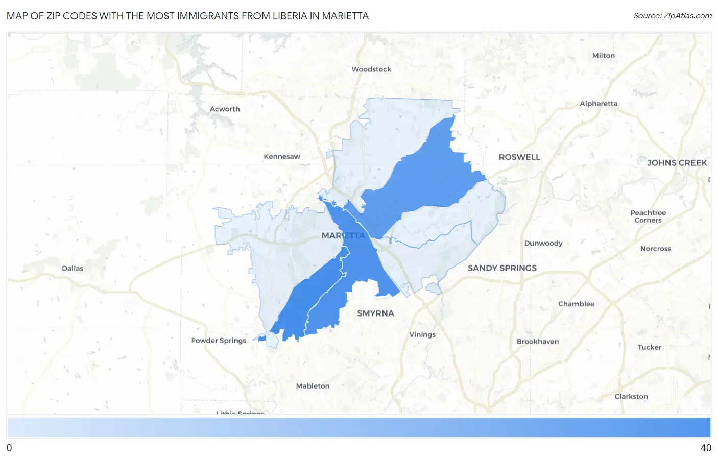 Zip Codes with the Most Immigrants from Liberia in Marietta Map