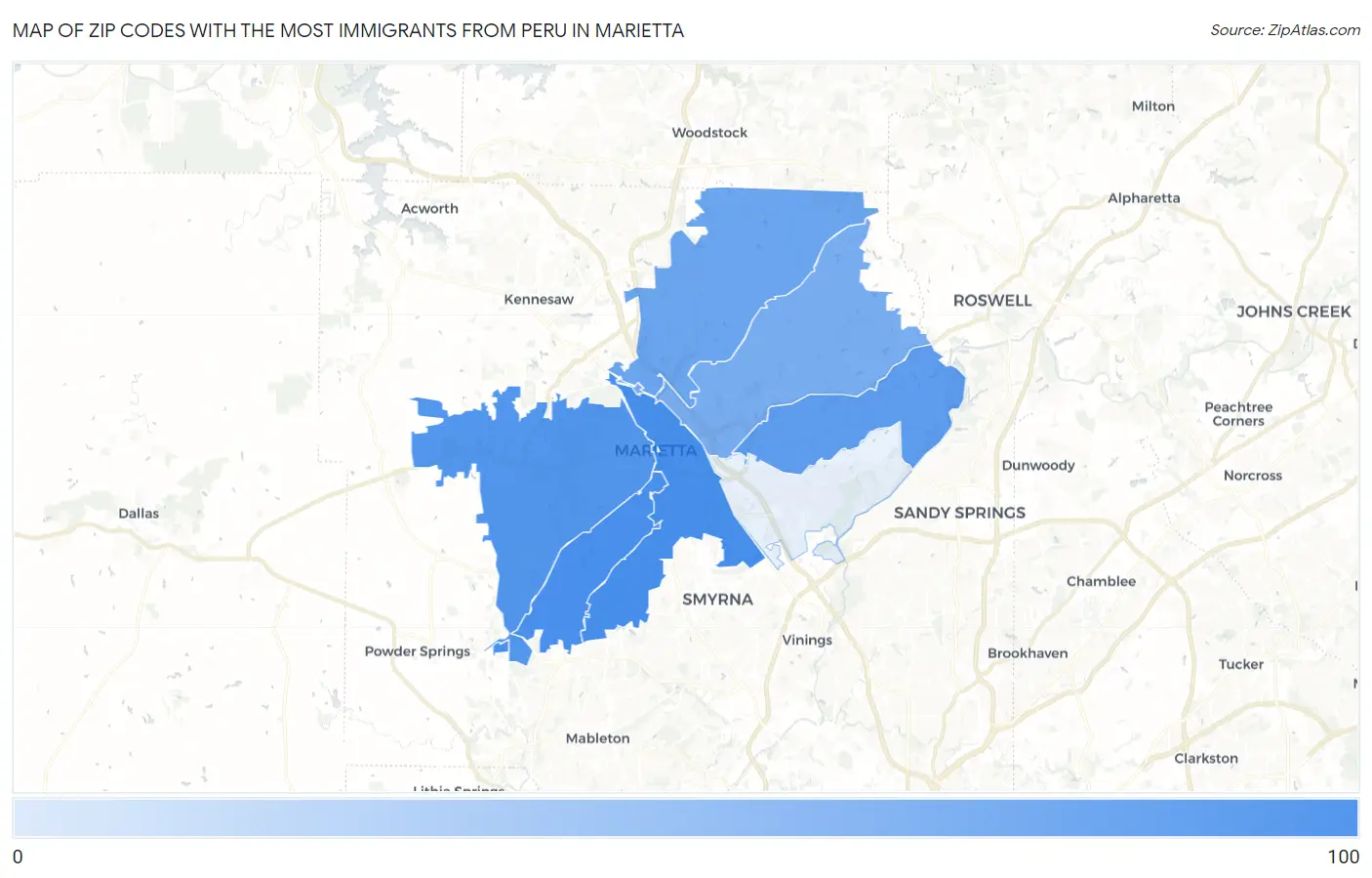 Zip Codes with the Most Immigrants from Peru in Marietta Map