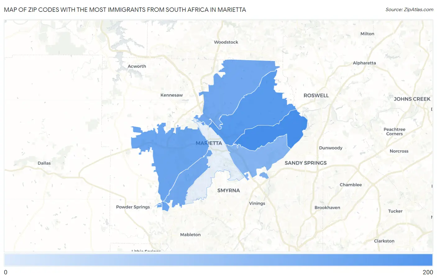 Zip Codes with the Most Immigrants from South Africa in Marietta Map
