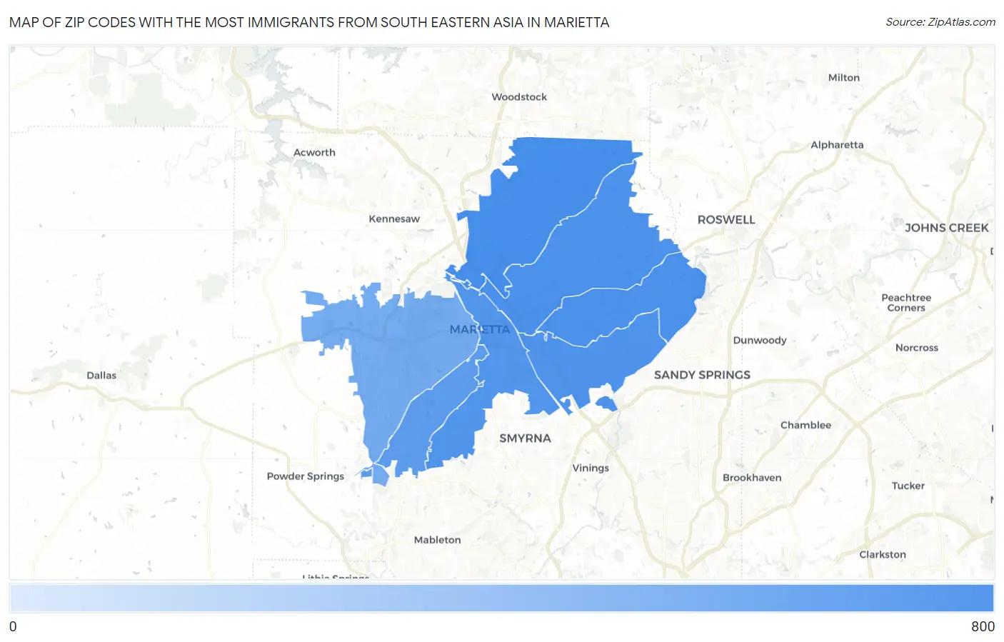 Zip Codes with the Most Immigrants from South Eastern Asia in Marietta Map