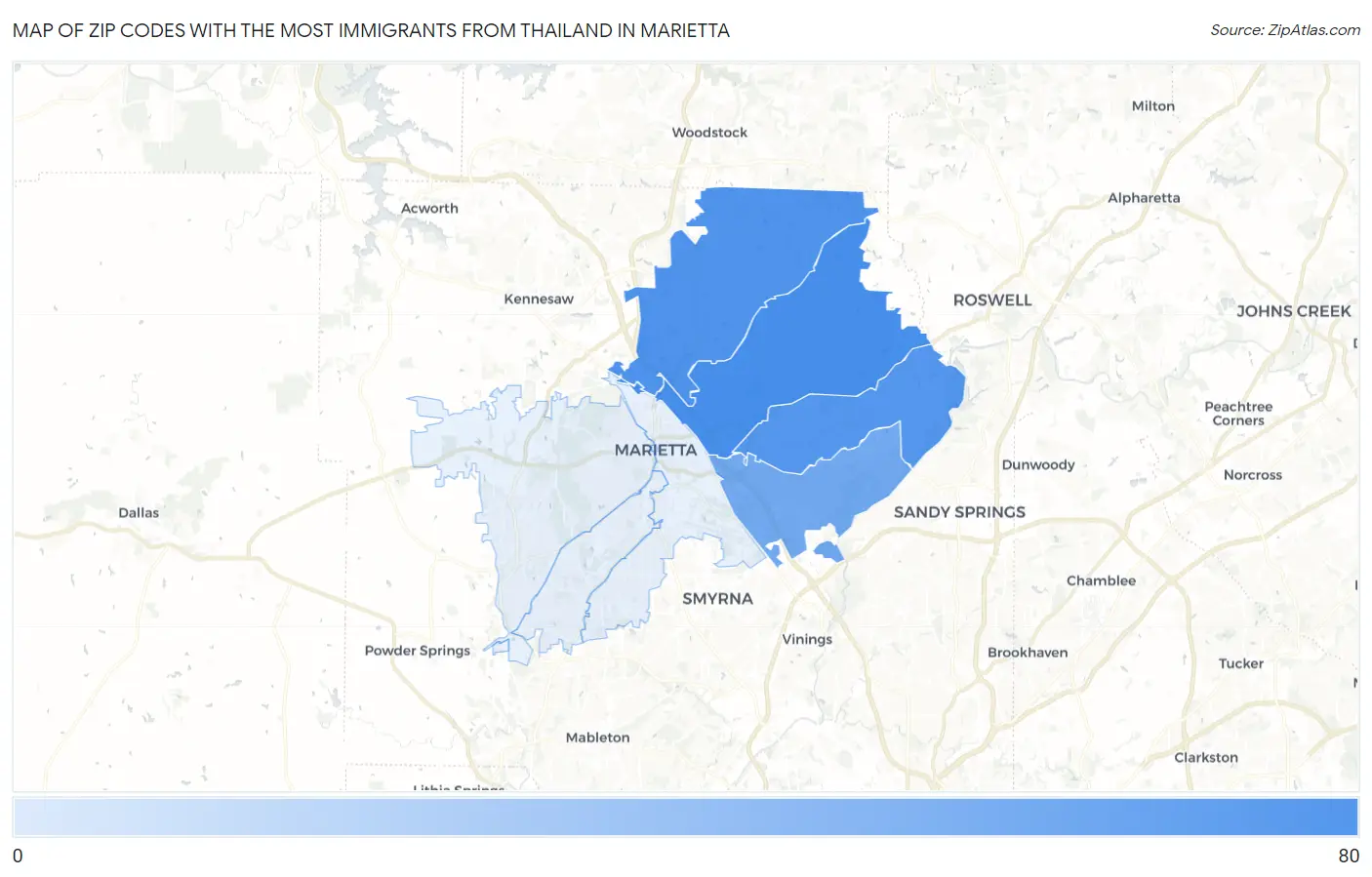 Zip Codes with the Most Immigrants from Thailand in Marietta Map