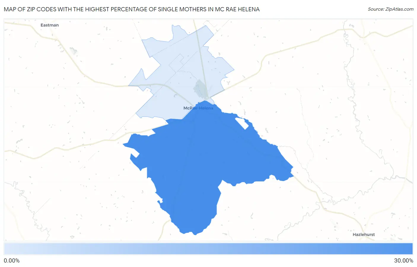 Zip Codes with the Highest Percentage of Single Mothers in Mc Rae Helena Map