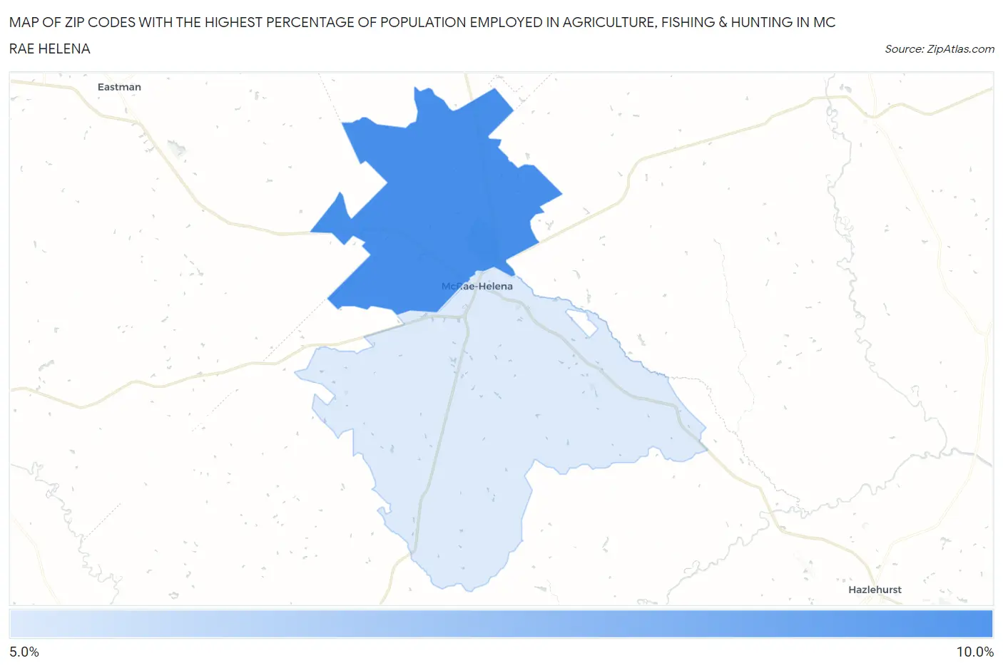 Zip Codes with the Highest Percentage of Population Employed in Agriculture, Fishing & Hunting in Mc Rae Helena Map