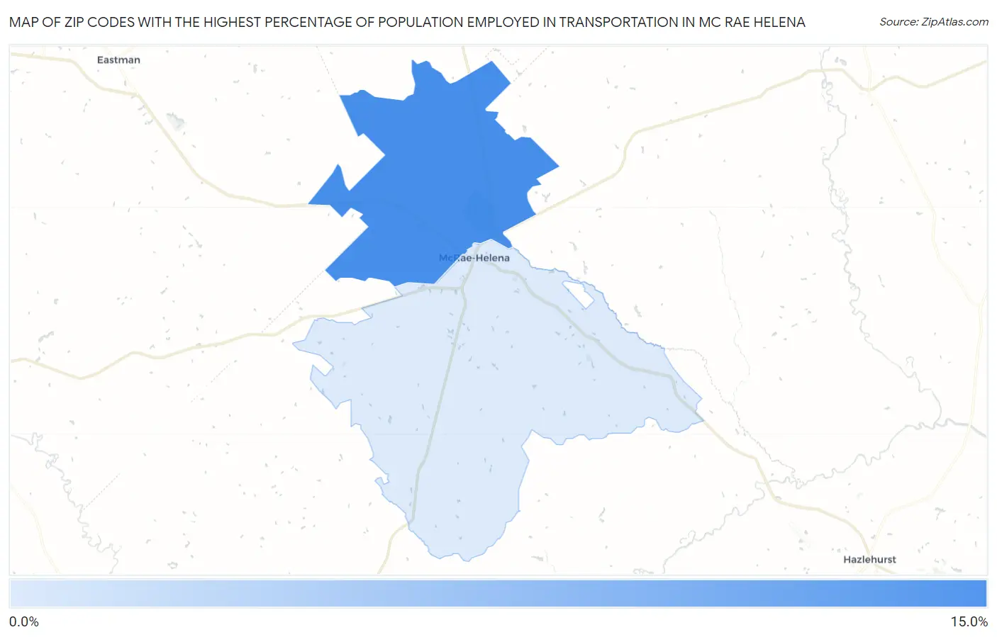 Zip Codes with the Highest Percentage of Population Employed in Transportation in Mc Rae Helena Map