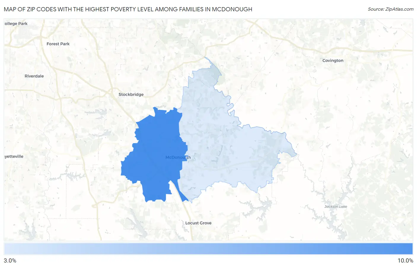 Zip Codes with the Highest Poverty Level Among Families in Mcdonough Map