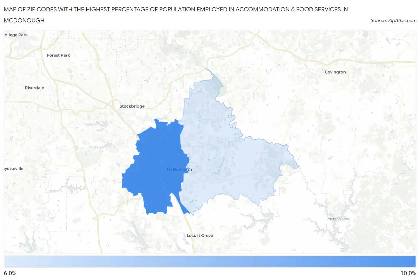 Zip Codes with the Highest Percentage of Population Employed in Accommodation & Food Services in Mcdonough Map