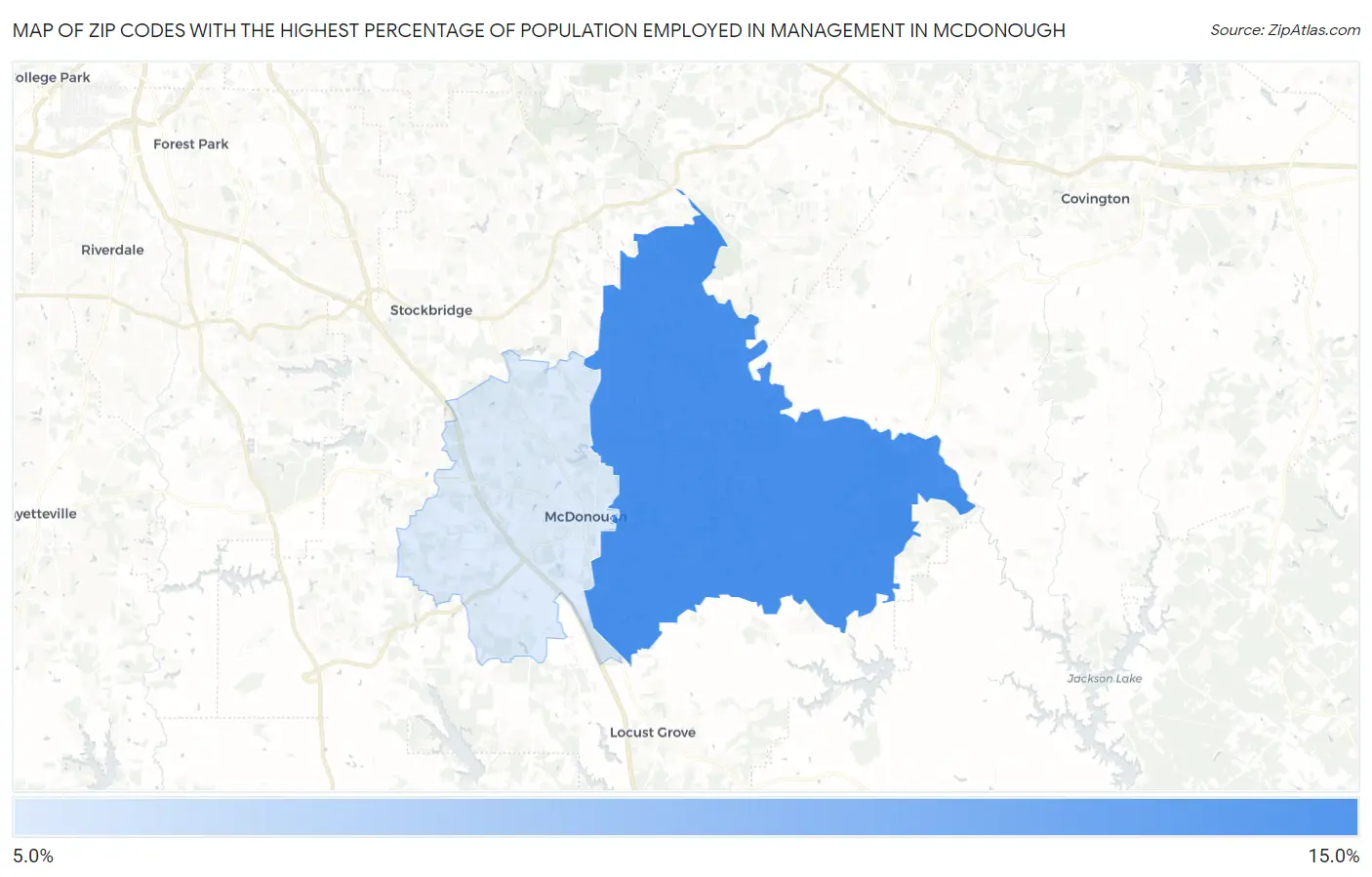 Zip Codes with the Highest Percentage of Population Employed in Management in Mcdonough Map