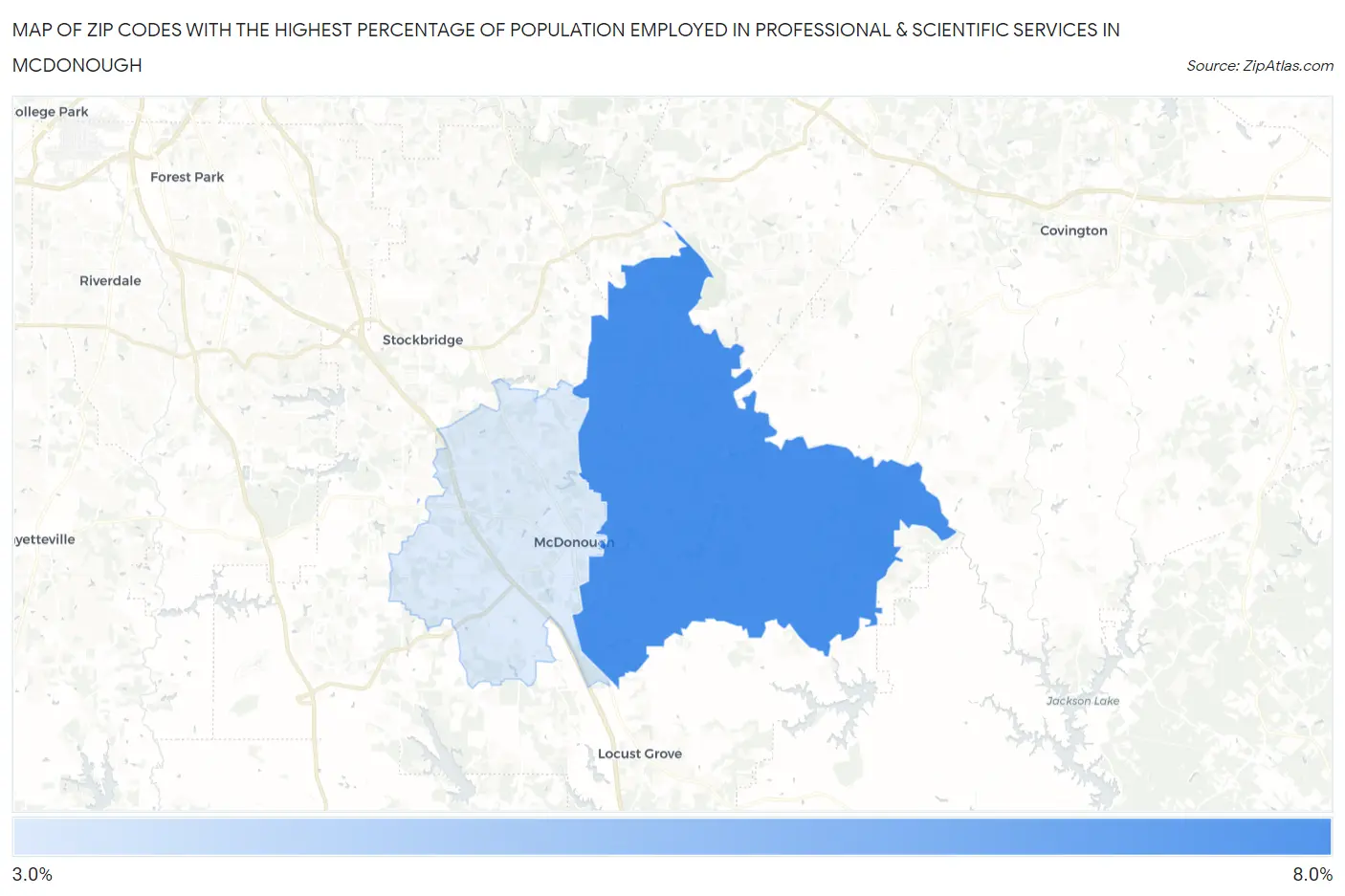 Zip Codes with the Highest Percentage of Population Employed in Professional & Scientific Services in Mcdonough Map