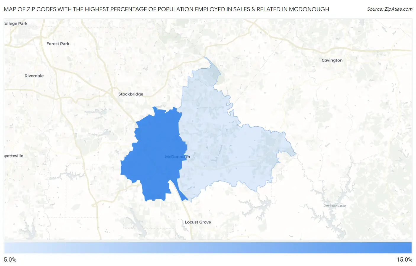 Zip Codes with the Highest Percentage of Population Employed in Sales & Related in Mcdonough Map