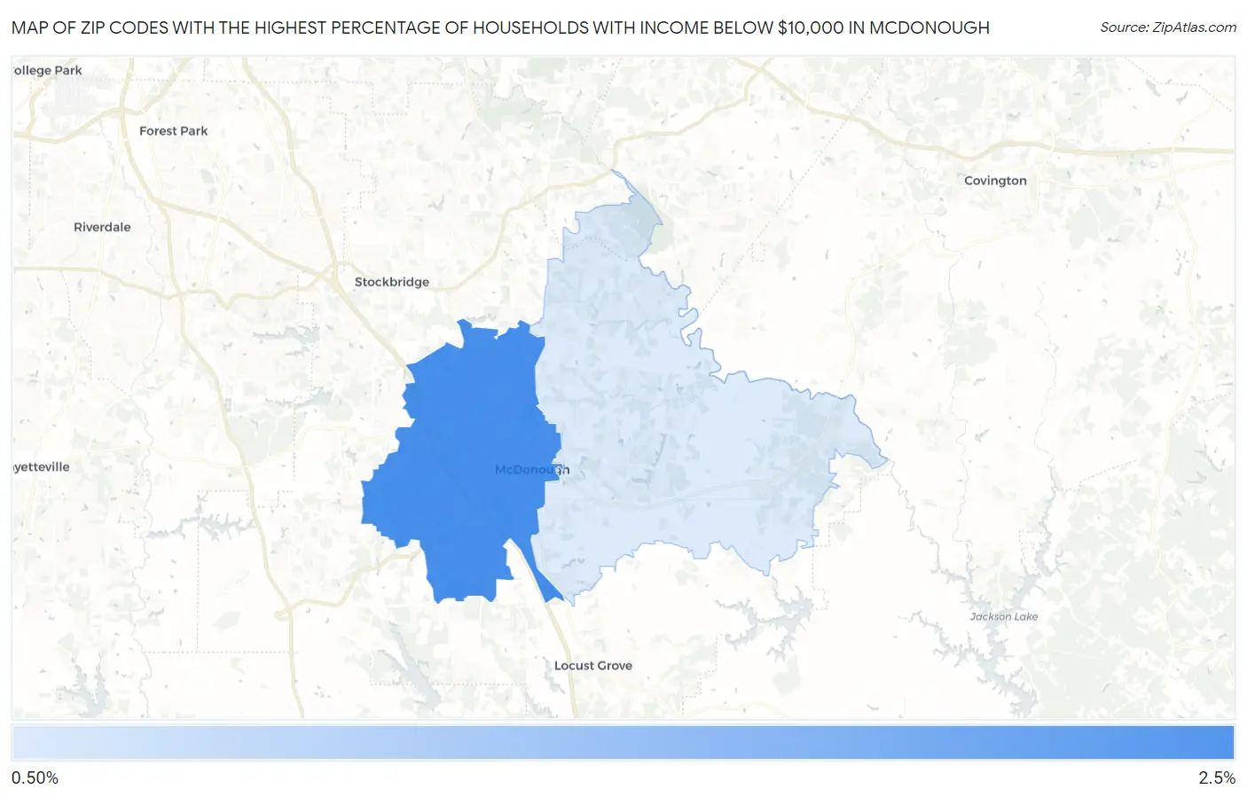 Zip Codes with the Highest Percentage of Households with Income Below $10,000 in Mcdonough Map