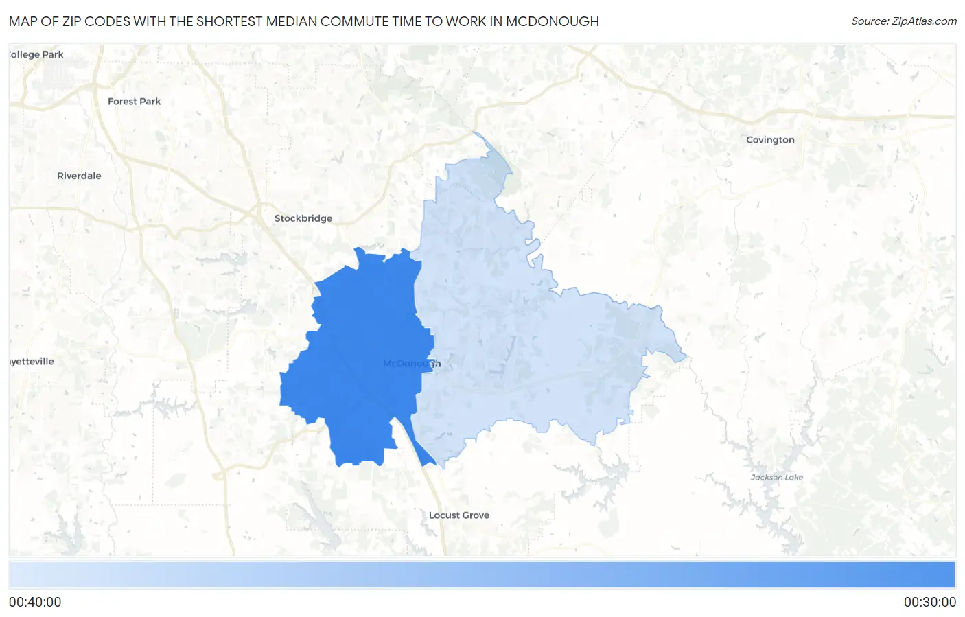 Zip Codes with the Shortest Median Commute Time to Work in Mcdonough Map