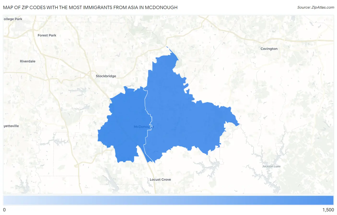 Zip Codes with the Most Immigrants from Asia in Mcdonough Map