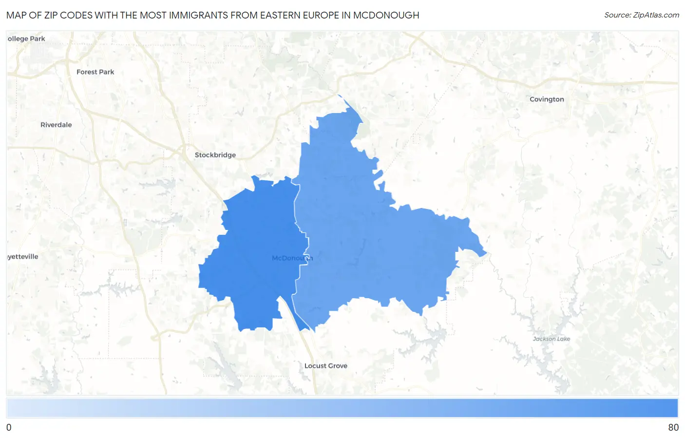 Zip Codes with the Most Immigrants from Eastern Europe in Mcdonough Map