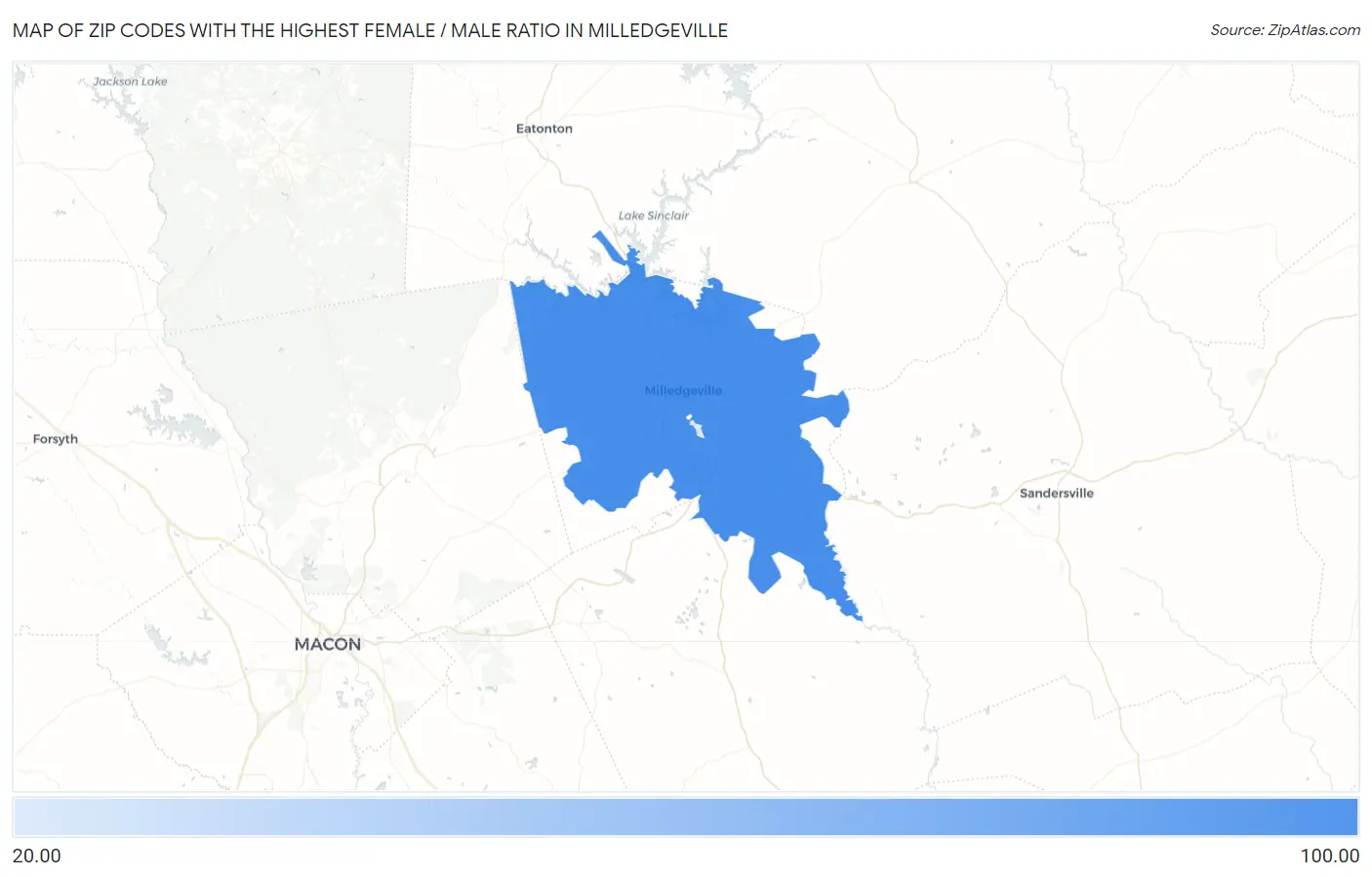 Zip Codes with the Highest Female / Male Ratio in Milledgeville Map