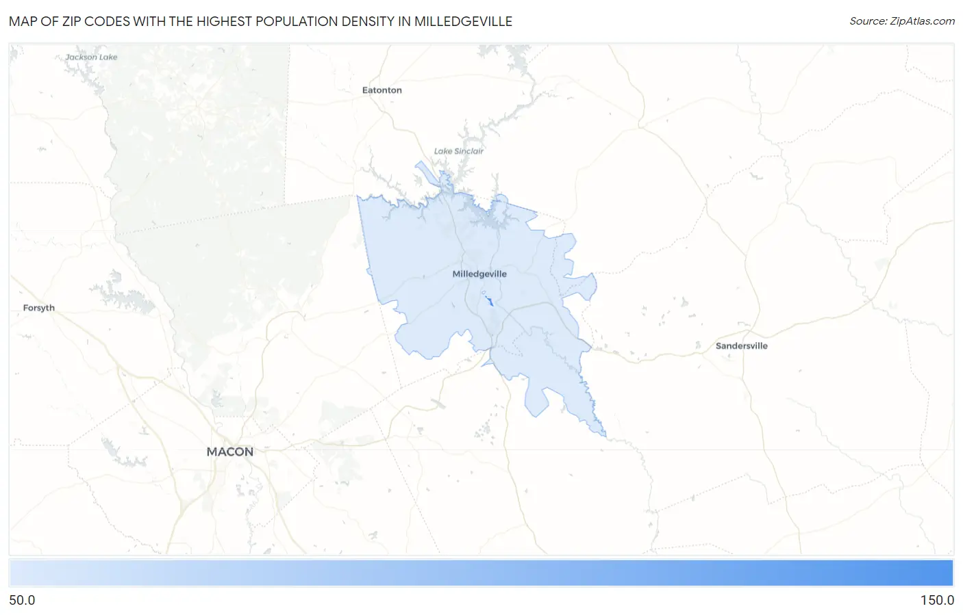 Zip Codes with the Highest Population Density in Milledgeville Map
