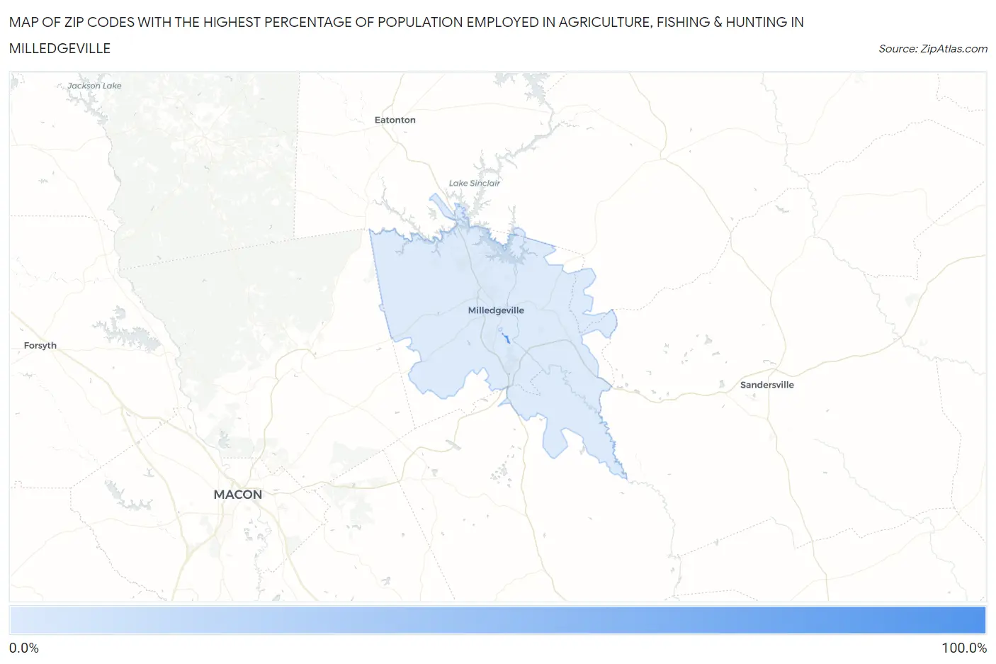 Zip Codes with the Highest Percentage of Population Employed in Agriculture, Fishing & Hunting in Milledgeville Map