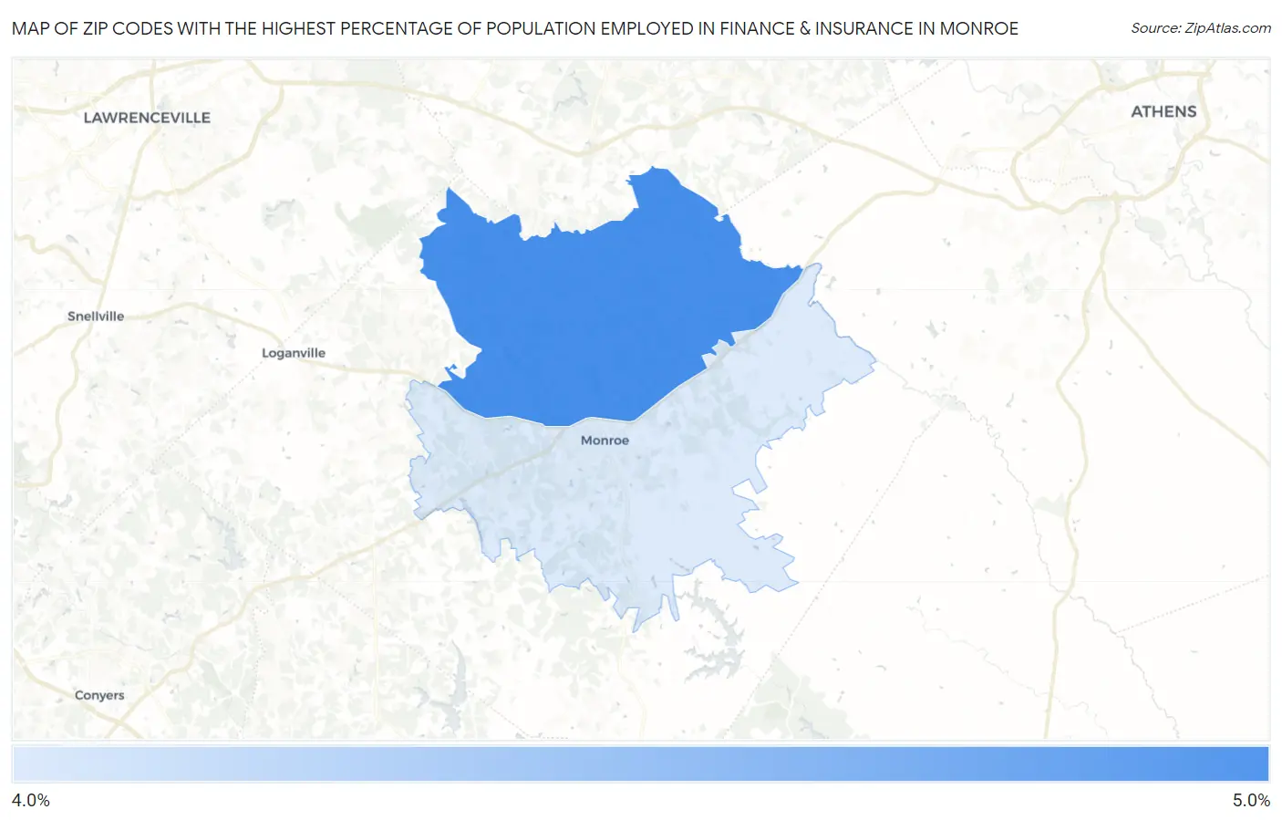 Zip Codes with the Highest Percentage of Population Employed in Finance & Insurance in Monroe Map