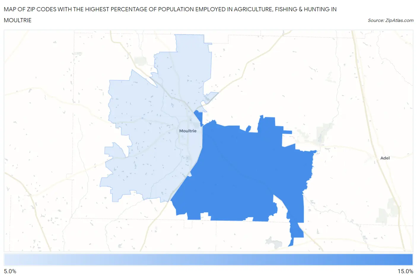 Zip Codes with the Highest Percentage of Population Employed in Agriculture, Fishing & Hunting in Moultrie Map