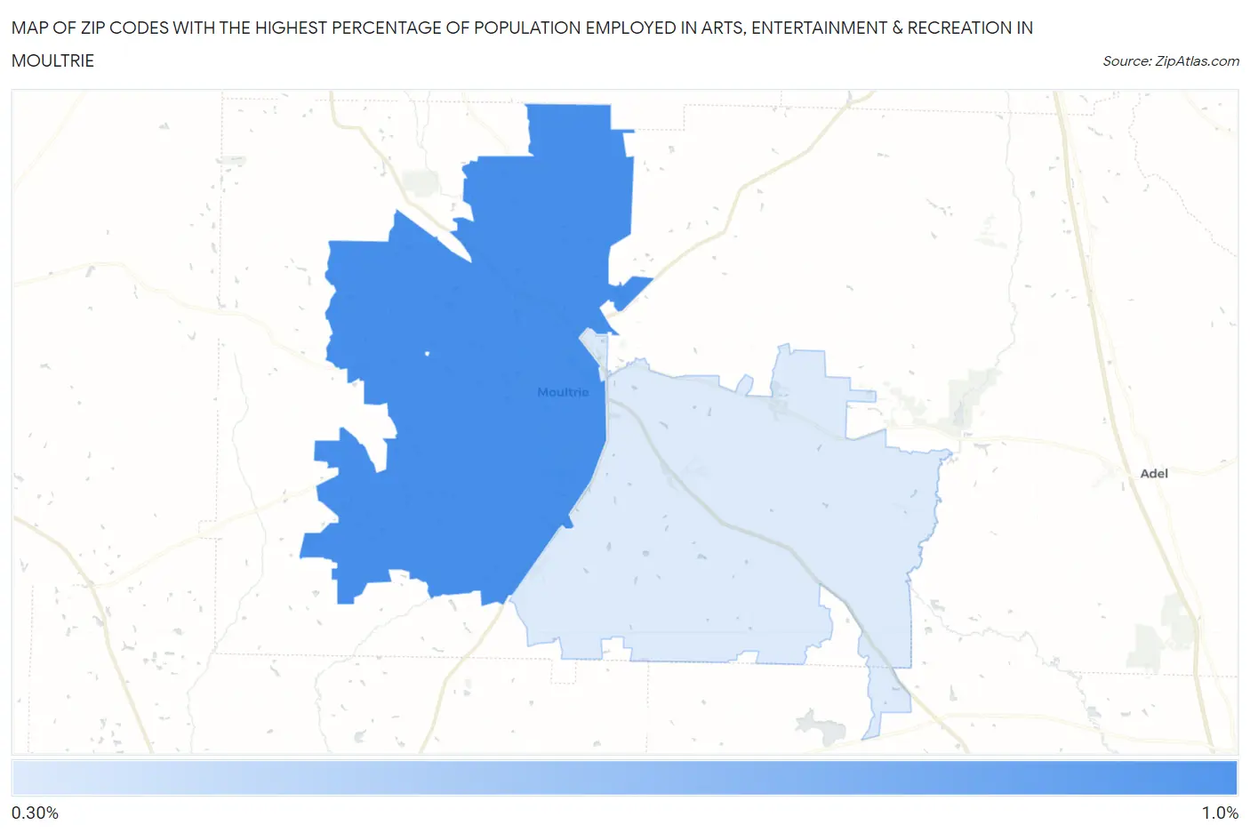 Zip Codes with the Highest Percentage of Population Employed in Arts, Entertainment & Recreation in Moultrie Map