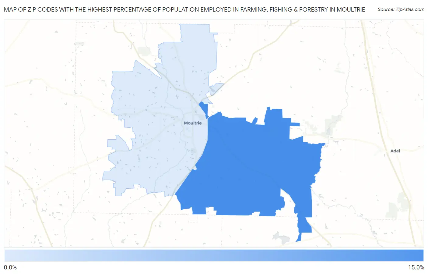 Zip Codes with the Highest Percentage of Population Employed in Farming, Fishing & Forestry in Moultrie Map