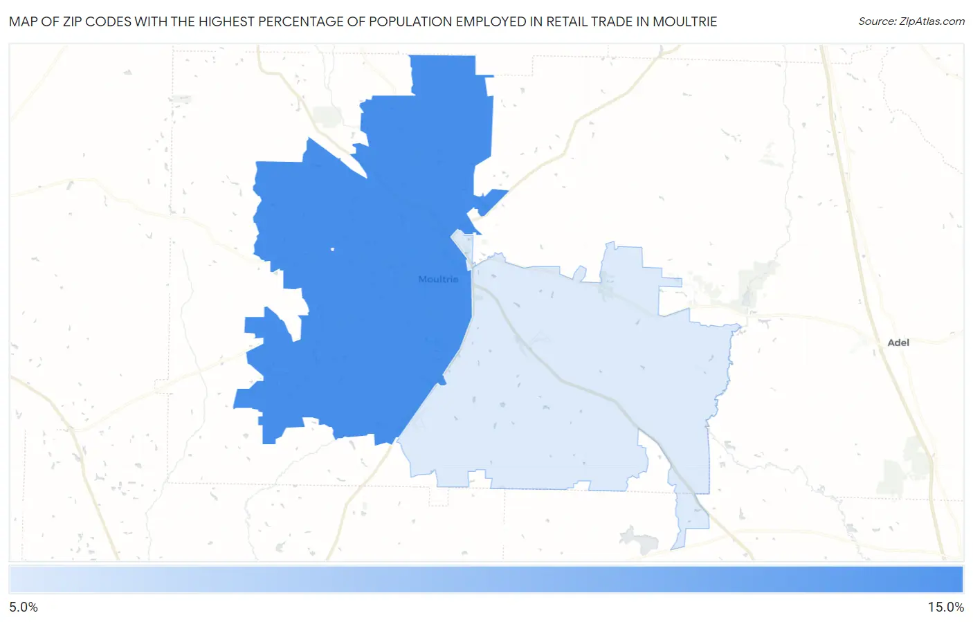 Zip Codes with the Highest Percentage of Population Employed in Retail Trade in Moultrie Map
