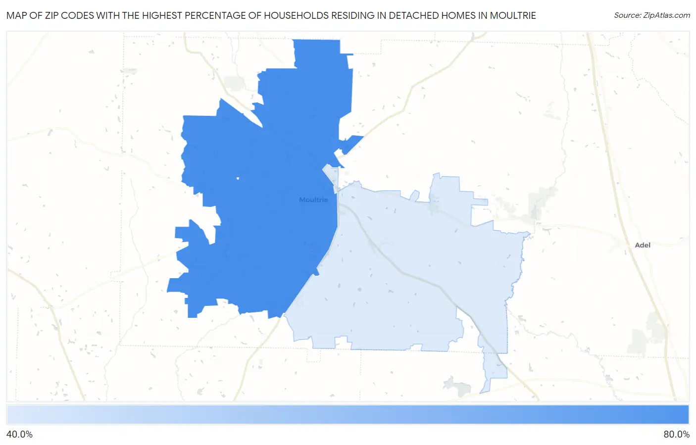 Zip Codes with the Highest Percentage of Households Residing in Detached Homes in Moultrie Map