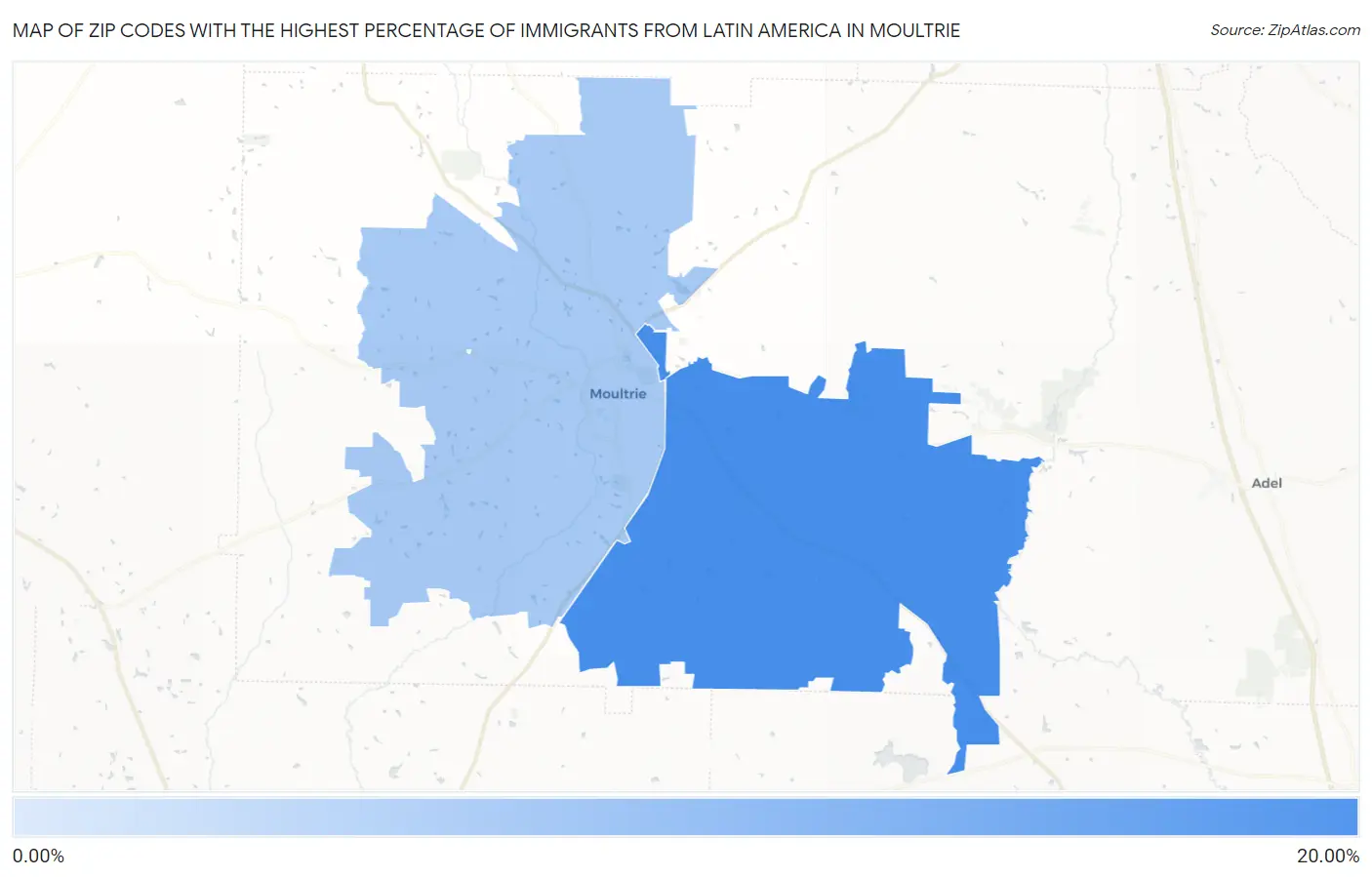 Zip Codes with the Highest Percentage of Immigrants from Latin America in Moultrie Map