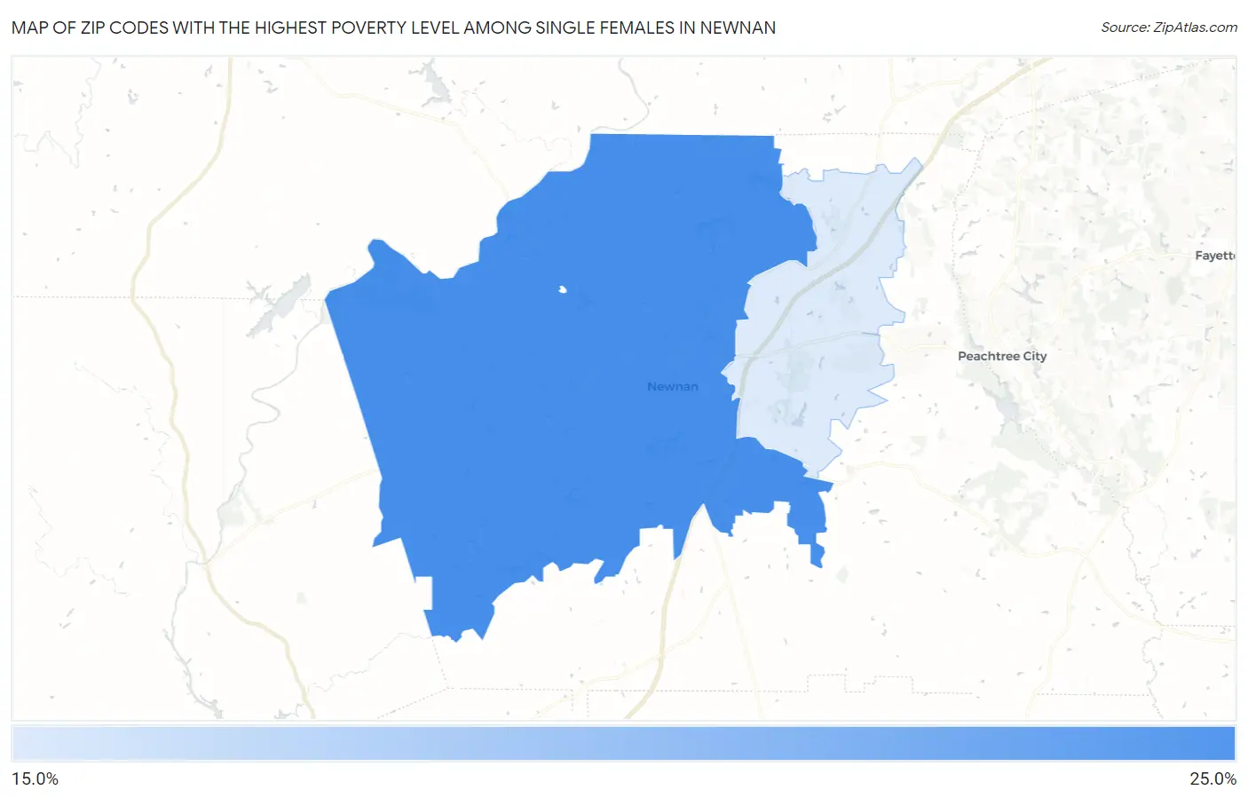 Zip Codes with the Highest Poverty Level Among Single Females in Newnan Map