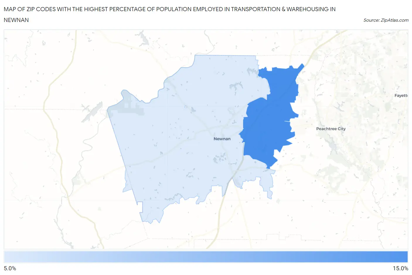 Zip Codes with the Highest Percentage of Population Employed in Transportation & Warehousing in Newnan Map