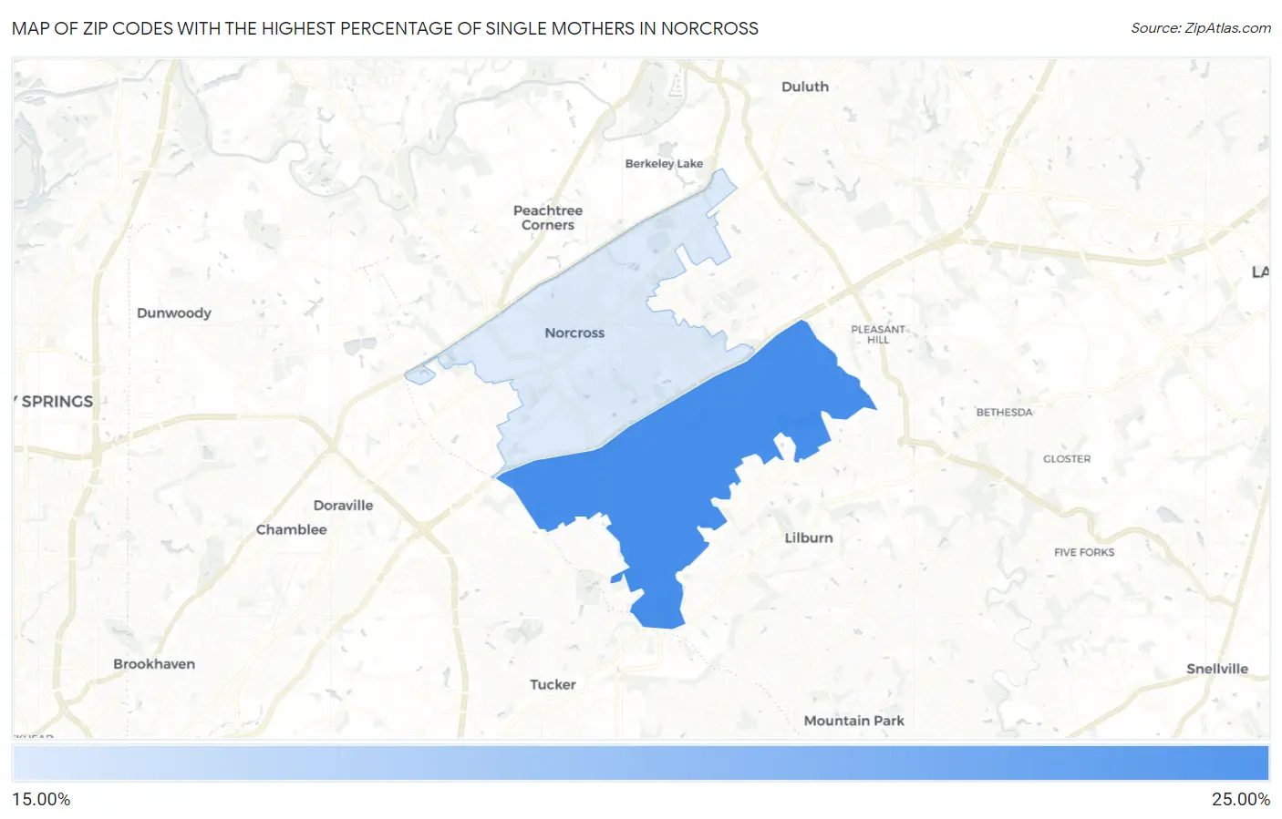Zip Codes with the Highest Percentage of Single Mothers in Norcross Map