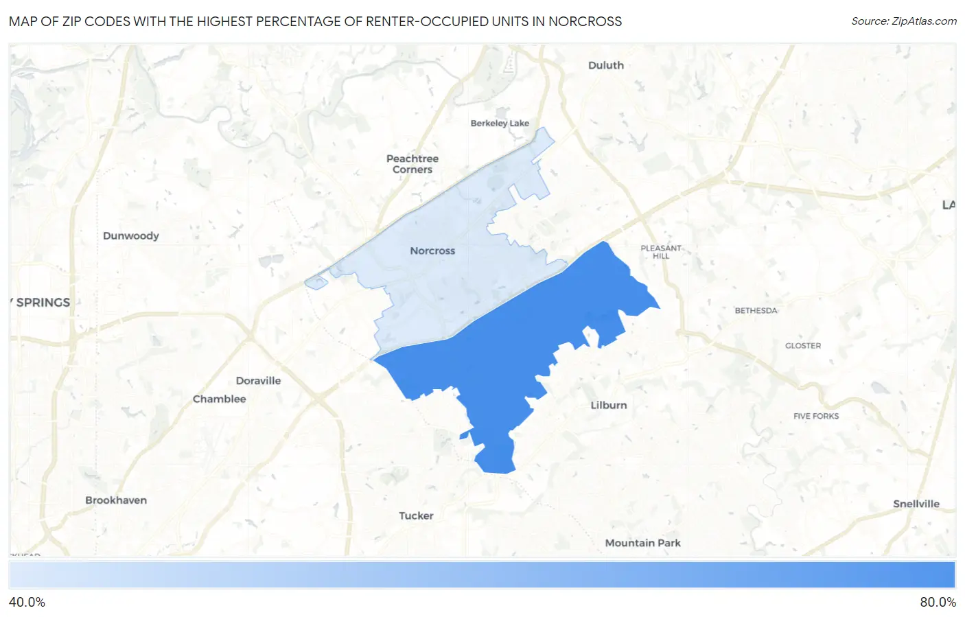 Zip Codes with the Highest Percentage of Renter-Occupied Units in Norcross Map