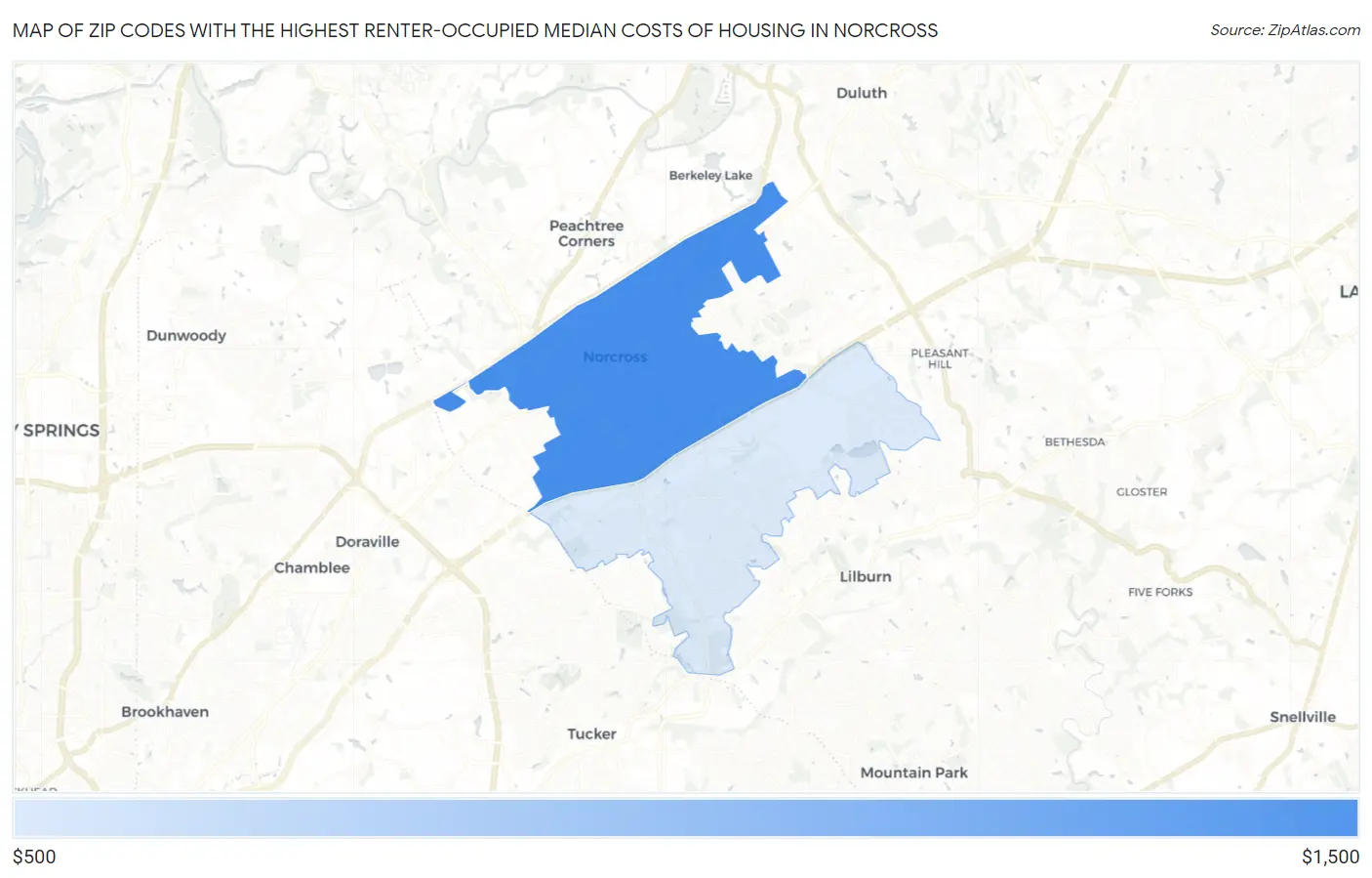 Zip Codes with the Highest Renter-Occupied Median Costs of Housing in Norcross Map
