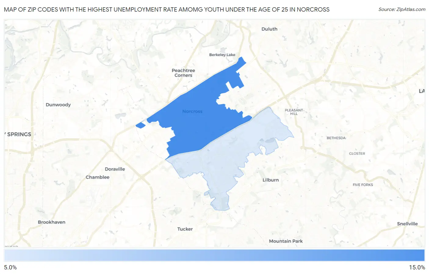 Zip Codes with the Highest Unemployment Rate Amomg Youth Under the Age of 25 in Norcross Map