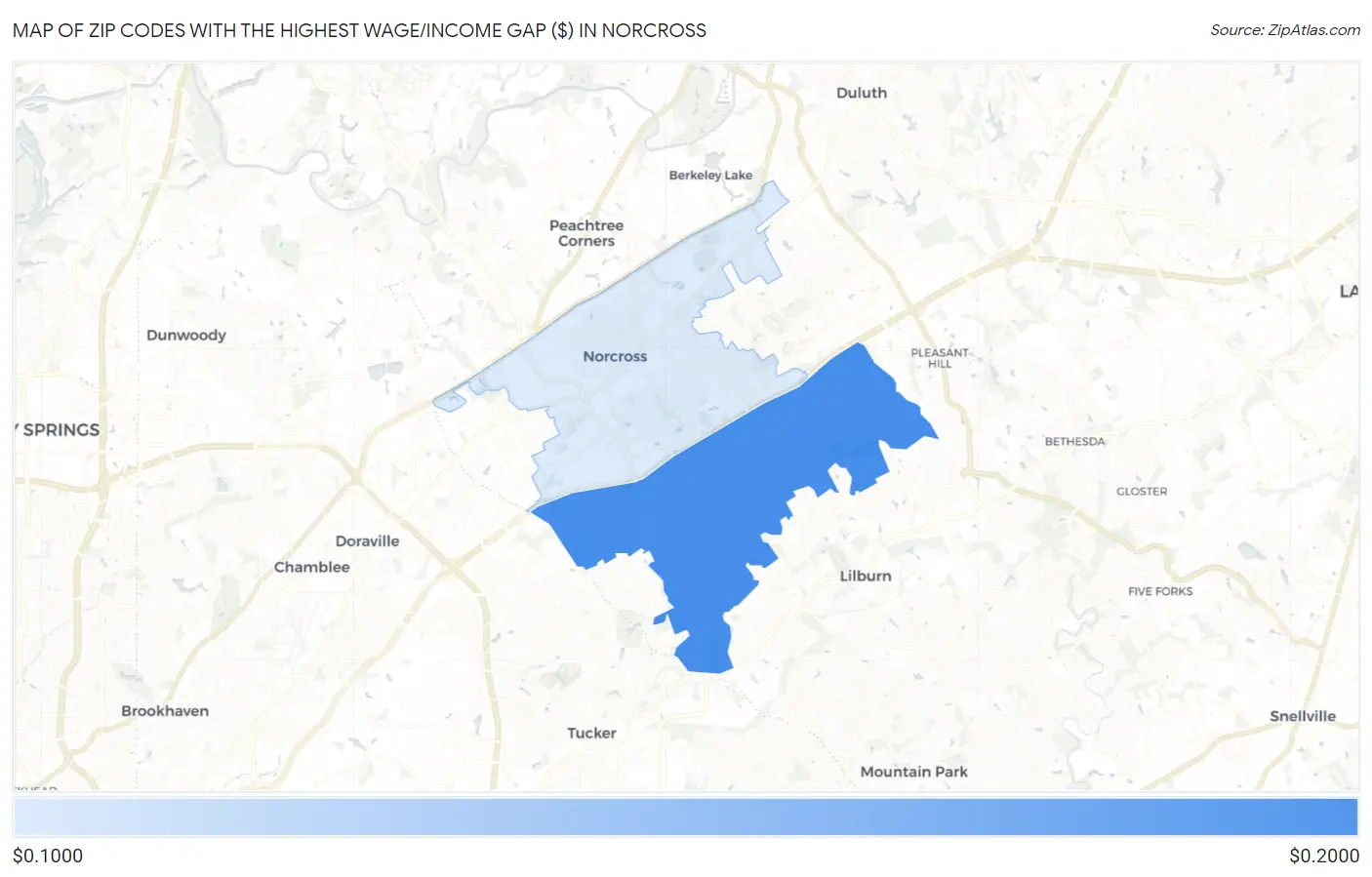 Zip Codes with the Highest Wage/Income Gap ($) in Norcross Map