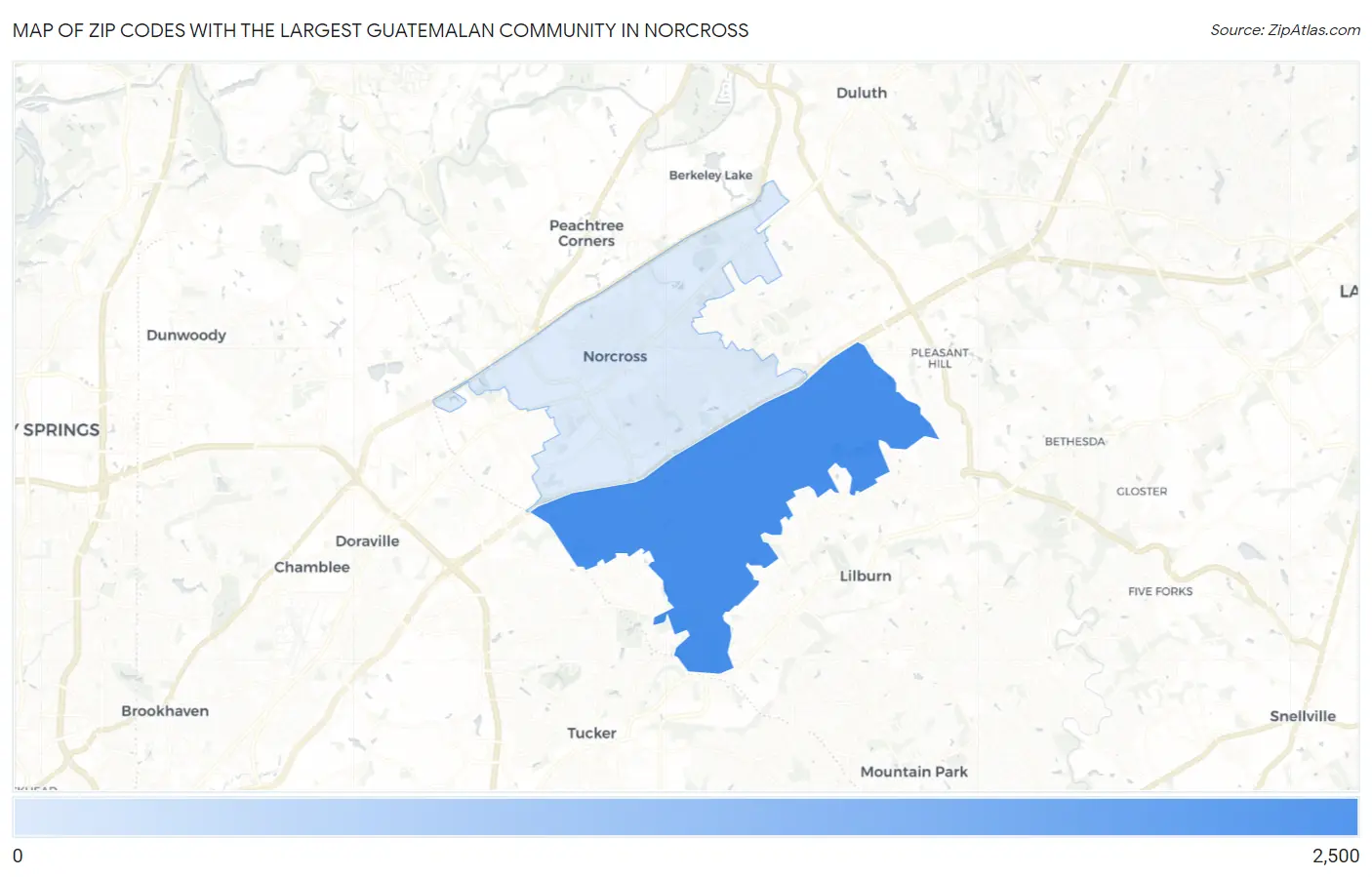 Zip Codes with the Largest Guatemalan Community in Norcross Map