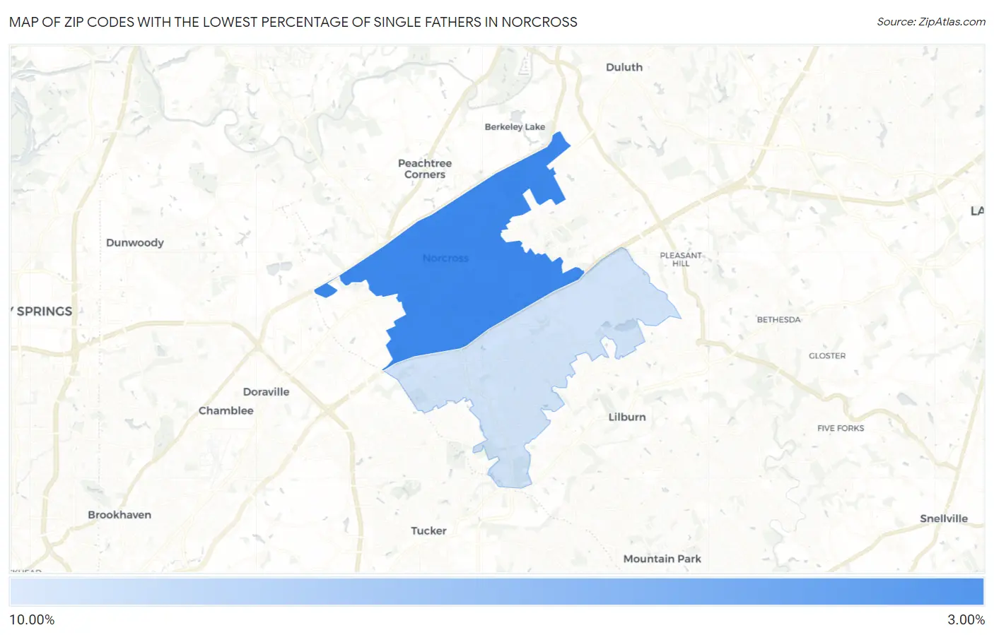 Zip Codes with the Lowest Percentage of Single Fathers in Norcross Map