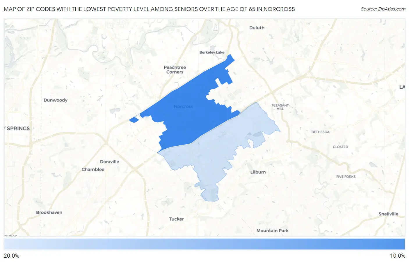 Zip Codes with the Lowest Poverty Level Among Seniors Over the Age of 65 in Norcross Map